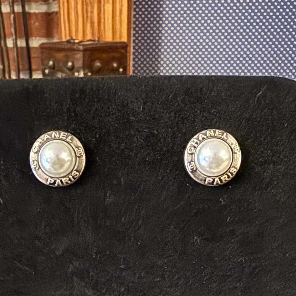 Gun Metal Silver and Pearl Chanel Button Earrings